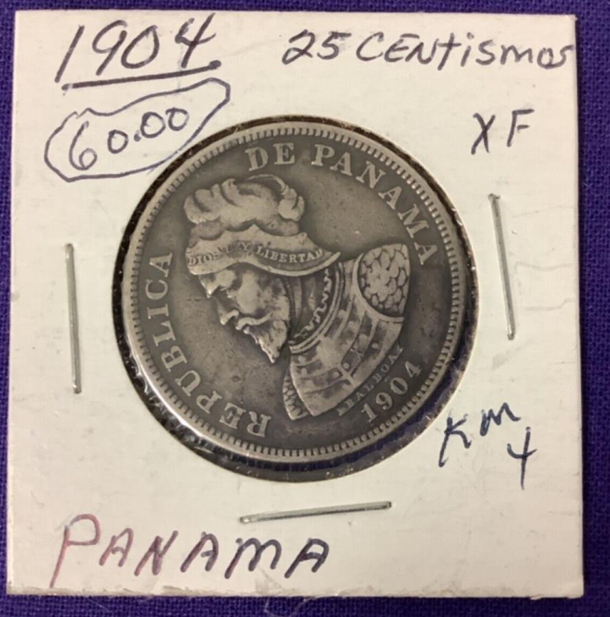 yɔi/iۏ؏tz AeB[NRC _RC [] 1904pi}25 Centesimos KM5 .900Vo[ 1904 Panama 25 Centesimos KM#5 .900 SILVER