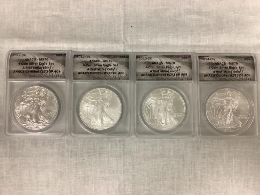 yɔi/iۏ؏tz AeB[NRC _RC [] 2011-2014isj4RCVo[C[OZbg-ANACS MS70t@[XgXgCNRC - 173 of 408 2011-2014 (S) 4 Coin Silver Eagle Set- ANACS MS70 First Strike Coin- #173 of 408