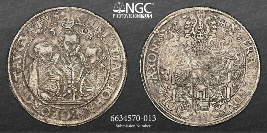 1598、ザクセン、クリスチャンII。美しいシルバー「3ブラザー」タラーコイン。 NGC AU53！ 1598, Saxony, Christian II. Beautiful Silver 