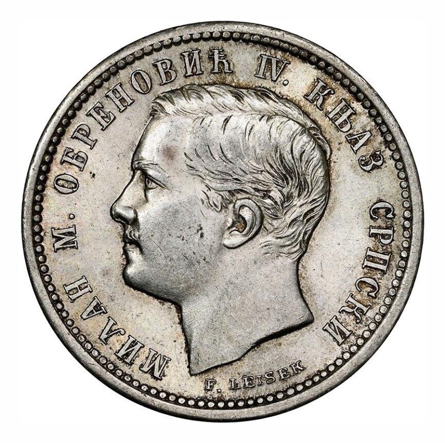 yɔi/iۏ؏tz AeB[NRC _RC [] 1875NAZrAA~mEIumrb`BVo[1fBi[RCB NGC AU-58I 1875, Principality of Serbia, Milan Obrenovic. Silver 1 Dinar Coin. NGC AU-58!