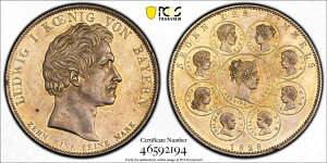 1828年、バイエルン王国、ルートヴィヒI.シルバー「ファミリー」タラーコイン。 PCGS UNC+ 1828, KIngdom of Bavaria, Ludwig I. Silver "Family" Thaler Coin. PCGS UNC+