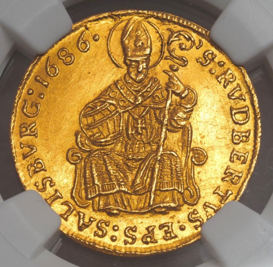 【極美品/品質保証書付】 アンティークコイン モダンコイン [送料無料] 1686年、ザルツブルク、マクシミリアンガンドルフ。ゴールドドゥカットコイン。トップポップ1/0！ NGC MS-63！ 1686, Salzburg, Maximilian Gandolph. Gold Ducat Coin. Top Pop 1/0! NGC MS-63!