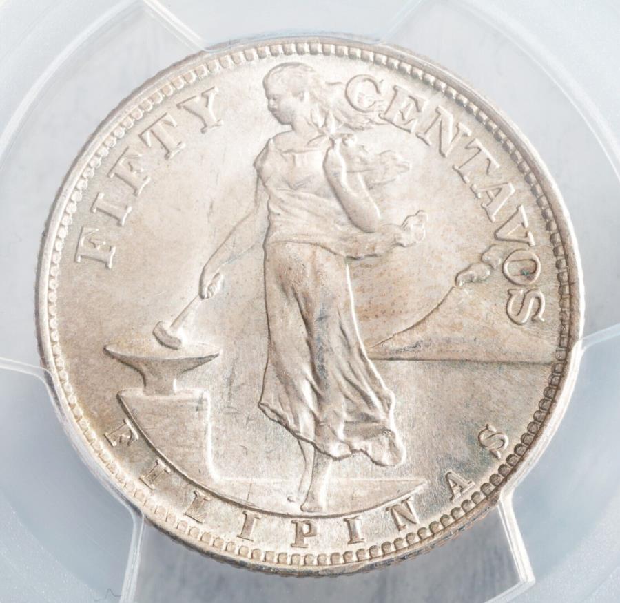  アンティークコイン モダンコイン  1945-S、フィリピン（米国管理）。 Silver 50 Centavosコイン。 PCGS MS-65！ 1945-S, Phillipines (US Administration). Silver 50 Centavos Coin. PCGS MS-65!