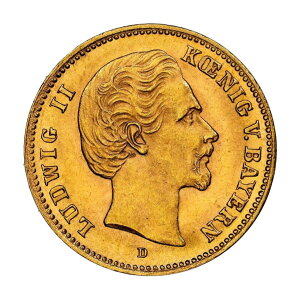 1877年、バイエルン王国、ルートヴィヒ2世。レアゴールド5マークコイン。 (1.99gm)NGCMS63(+) 1877, Kingdom of Bavaria, Ludwig II. Rare Gold 5 Mark Coin. (1.99gm) NGC MS63(+)