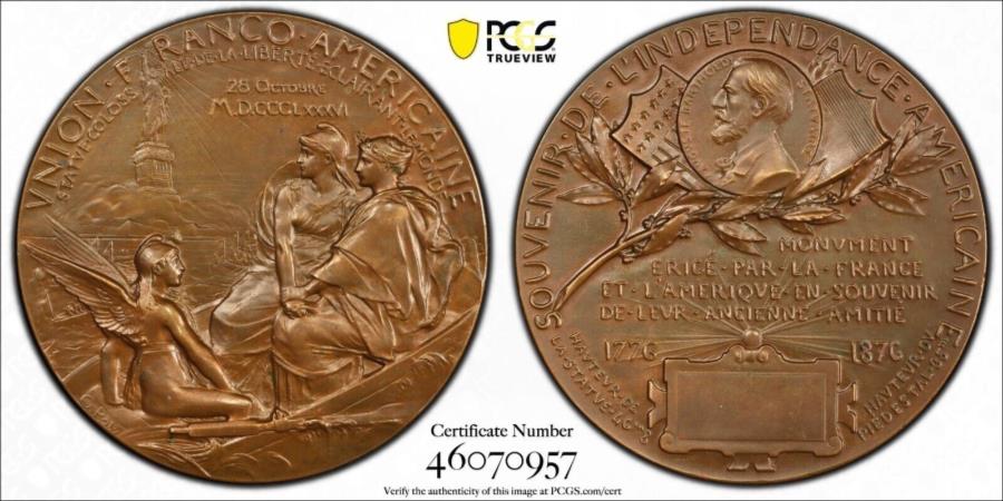 【極美品/品質保証書付】 アンティークコイン モダンコイン [送料無料] 1886、米国。レアブロンズ「フランコ系アメリカ人アライアンス」メダル。トップポップ1/0！ PCGS SP65！ 1886, USA. Rare Bronze "Franco-American Alliance" Medal. Top Pop 1/0! PCGS SP65!