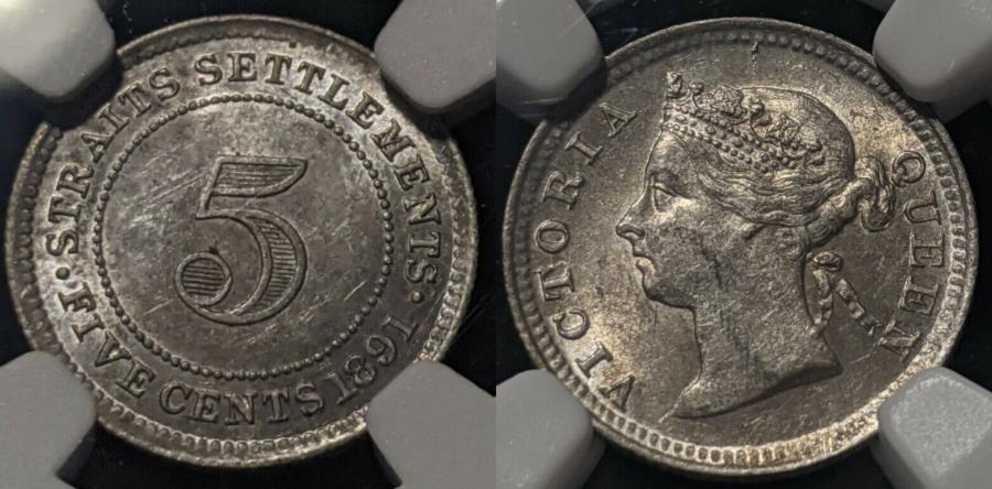 海峡集落1891 5セント5ckm＃10 NGC UNC詳細obsダメージ＃1472 Straits Settlements 1891 Five Cent 5C KM# 10 NGC UNC Details OBV Damage #1472(3)