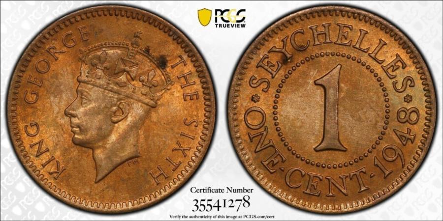 yɔi/iۏ؏tz AeB[NRC _RC [] Seychelles 1948 One Cent 1c km5 PCGS MS63 RB`CXUNC1535 Seychelles 1948 One Cent 1c KM# 5 PCGS MS63 RB Choice UNC #1535