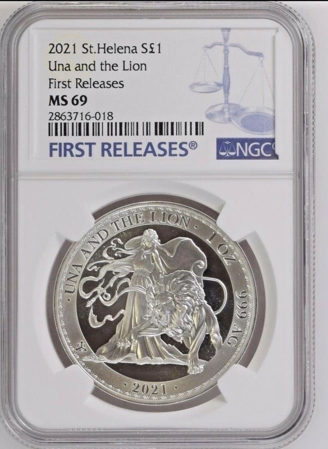 yɔi/iۏ؏tz AeB[NRC _RC [] 2021 UK ST HELENA UNALION 1 OZ SILVERS69 NGCŏ̃[XTiny Spot 2021 UK St Helena Una and Lion 1 oz Silver MS69 NGC First release tiny spot