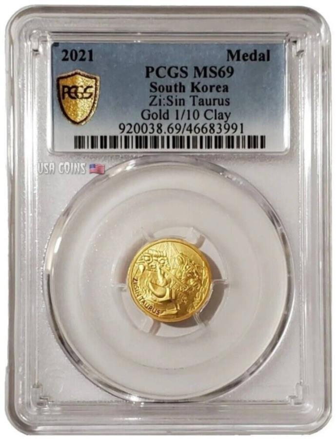 yɔi/iۏ؏tz AeB[NRC _RC [] 2021 1/10IXS[h1/10NC؍ZIFVg[XPCGS MS69S[hV[hRC 2021 1/10 Oz GOLD 1/10 Clay South Korea ZI:SIN TAURUS PCGS MS69 Gold Shield Coin