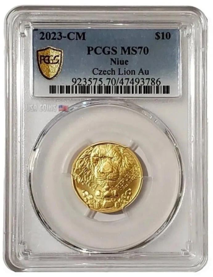 yɔi/iۏ؏tz AeB[NRC _RC [] 2023 1/4 OZ GOLD $ 10 NIUE CZECH LION PCGS MS70S[hV[hRCB 2023 1/4 Oz GOLD $10 Niue CZECH LION PCGS MS70 Gold Shield Coin.