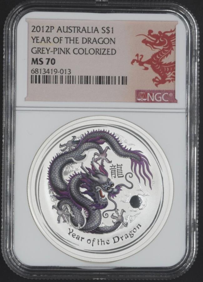  アンティークコイン モダンコイン  2012年オーストラリアのドラゴングレイピンクカラーシルバーダラーNGC MS70 2012 Australia Year of the Dragon Grey-Pink Colorized Silver Dollar NGC MS70