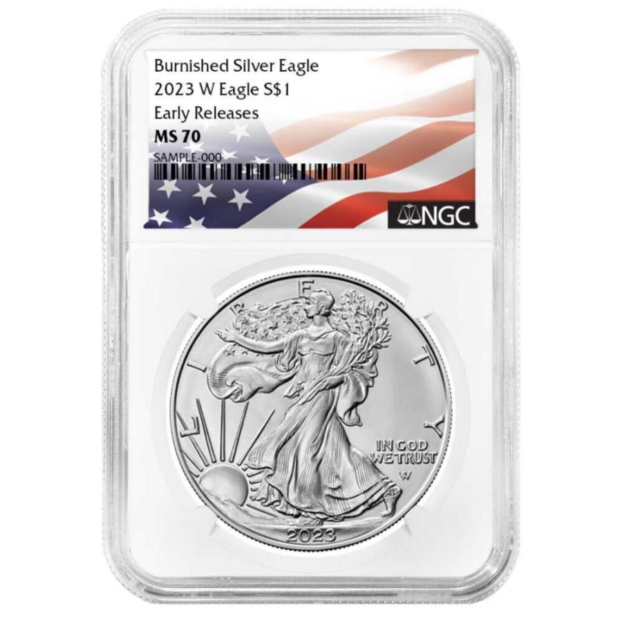 yɔi/iۏ؏tz AeB[NRC _RC [] 2023-W-WARNIDED 1 $ 1 AMERICEN SILVER EAGLE NGC MS70 ERtOx 2023-W Burnished $1 American Silver Eagle NGC MS70 ER Flag Label