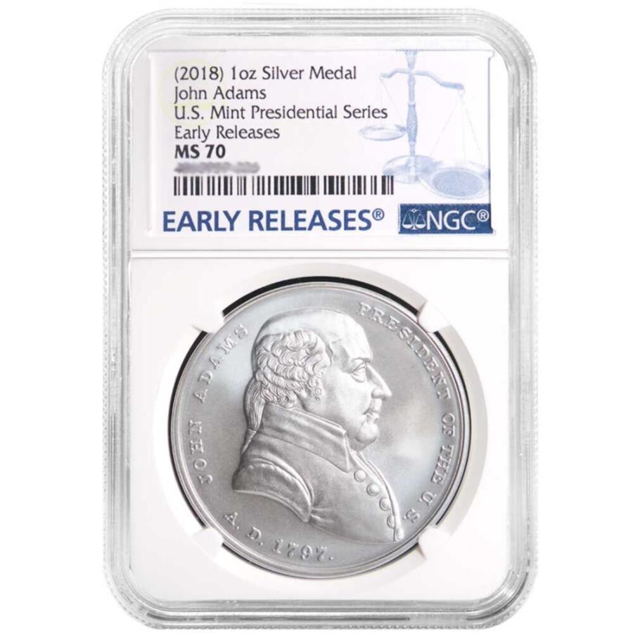 yɔi/iۏ؏tz AeB[NRC _RC [] 2018WA_XVo[哝̃_1IXNGC MS70 ERu[x 2018 John Adams Silver Presidential Medal 1 oz NGC MS70 ER Blue Label