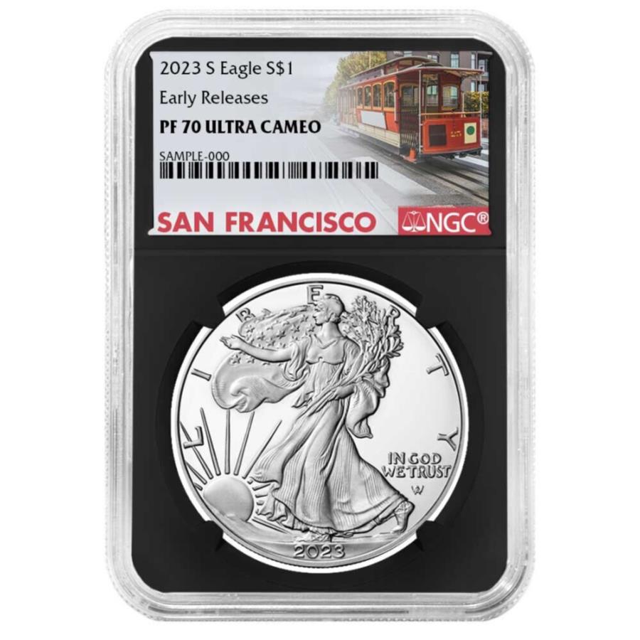 yɔi/iۏ؏tz AeB[NRC _RC [] 2023-Sؖ$ 1AJVo[C[ONGC PF70UC ERg[[xgRA 2023-S Proof $1 American Silver Eagle NGC PF70UC ER Trolley Label Retro Core