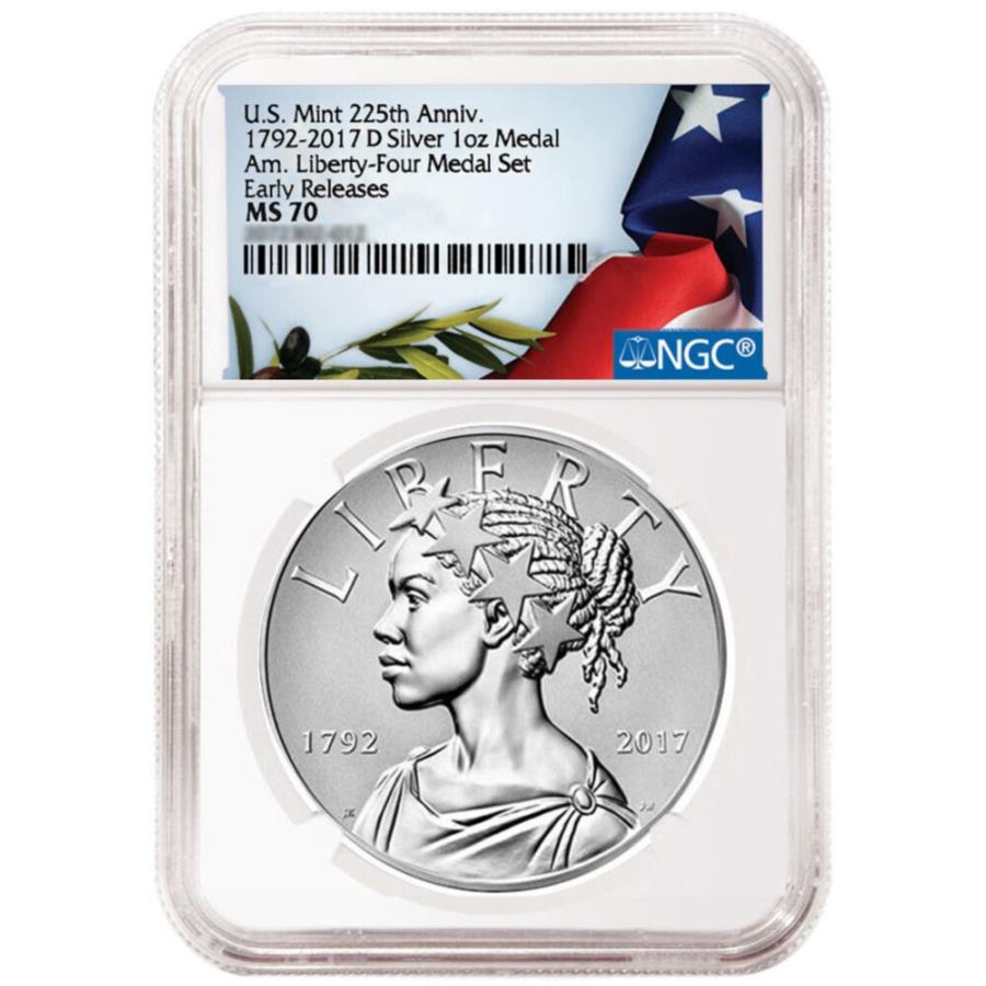 yɔi/iۏ؏tz AeB[NRC _RC [] 2017-D UNC 225th AnnBAJ̃oeBVo[_1IXNGC MS70 Flag ERx 2017-D UNC 225th Ann. American Liberty Silver Medal 1oz NGC MS70 Flag ER Label