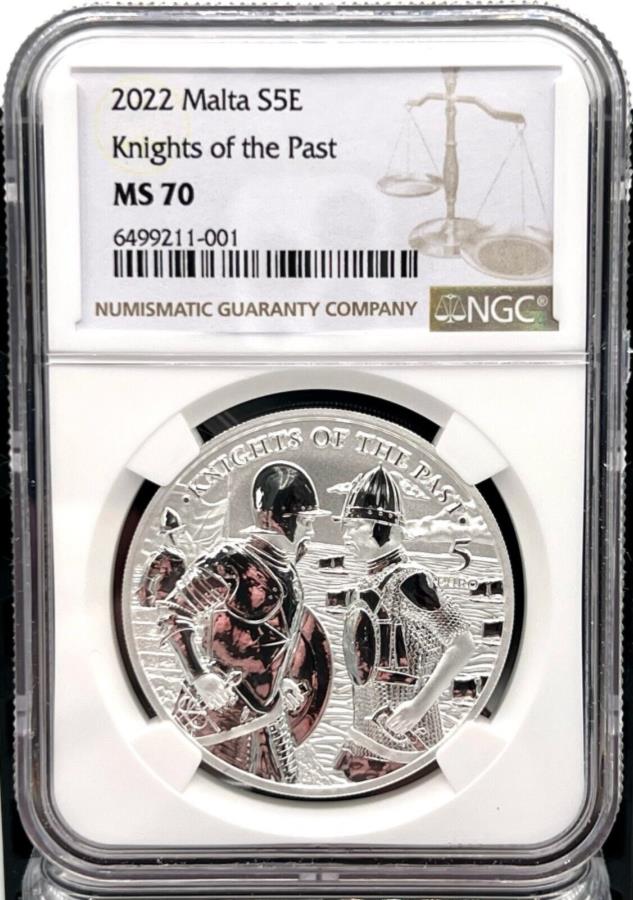 【極美品/品質保証書付】 アンティークコイン モダンコイン [送料無料] 2022マルタ5過去1オンスシルバーコインのユーロナイト-NGCMS 70 2022 Malta 5 Euro Knights of the Past 1 oz Silver Coin - NGC MS 70
