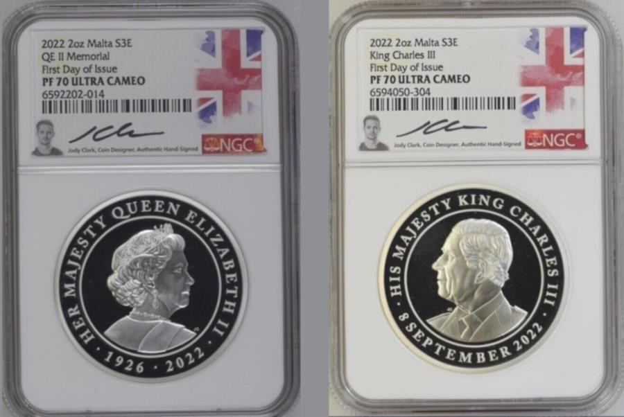 yɔi/iۏ؏tz AeB[NRC _RC [] 2022}^S3?2IXQEIILO`[YIIIARCNGC PF70 FDOI 2RC 2022 MALTA S3? 2oz QEII & KING CHARLES III MEMORIAL COINS NGC PF70 FDOI 2 COINS