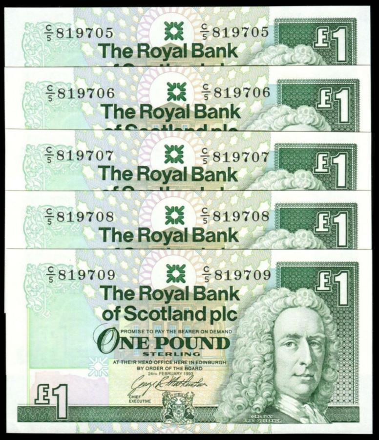 ڶ/ʼݾڽա ƥ 󥳥 [̵] åȥ-1ݥ-5Ϣ³-C/5 819705 -C/5 819709 -P351C -AUNC Scotland - One Pound - 5 Consecutive - C/5 819705 - C/5 819709 - P351c - aUnc