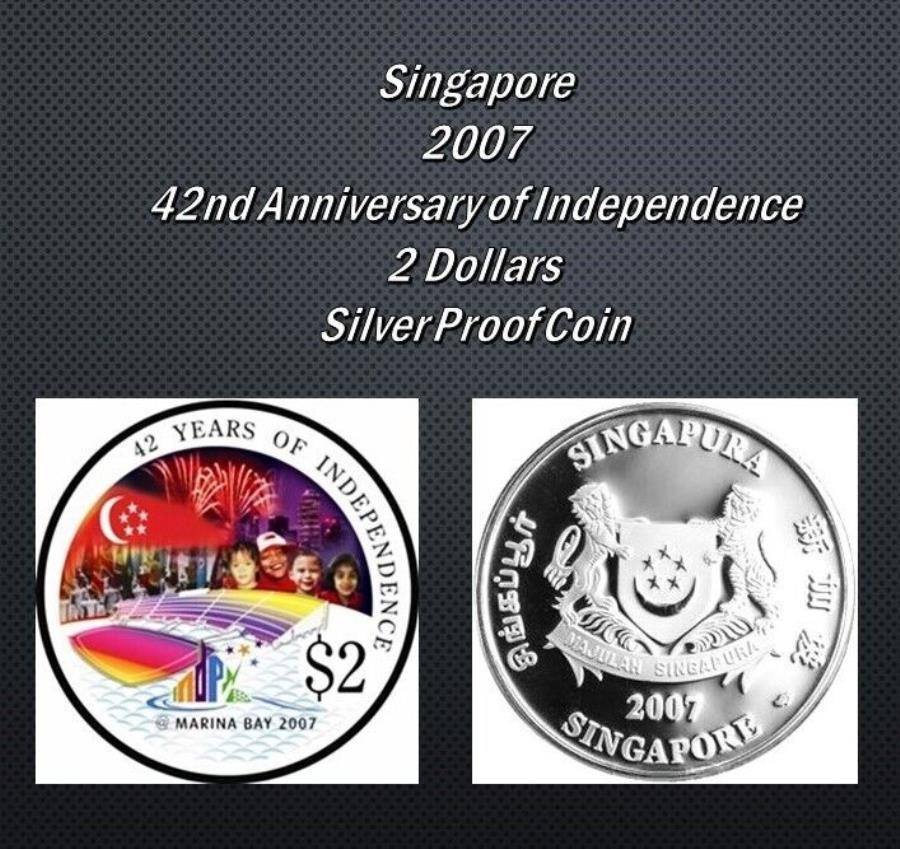 【極美品/品質保証書付】 アンティークコイン モダンコイン [送料無料] シンガポール2ドル独立42周年記念2007シルバーコイン Singapore 2 Dollars 42nd Anniversary of Independence 2007 Silver Coin