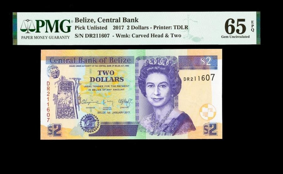 ٥꡼2ɥ2017PNG65 Belize 2 Dollar 2017 Central Bank PNG65