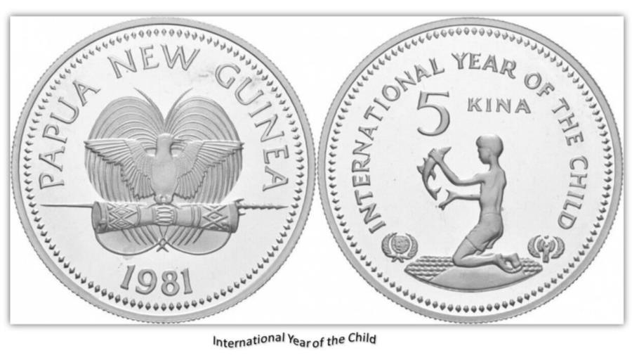 【極美品/品質保証書付】 アンティークコイン モダンコイン [送料無料] パプアニューギニア5キーナ1981子供銀貨の国際年 Papua New Guinea 5 Kina 1981 International Year of the Child Silver Coin