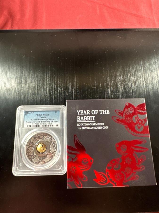 2023 TUVALU PCGS MS70ウサギ回転チャーム1オンスアンティークシルバーFDI PCGSMS70 2023 Tuvalu PCGS MS70 Rabbit Rotating Charm 1 oz Antique Silver FDI PCGS MS70