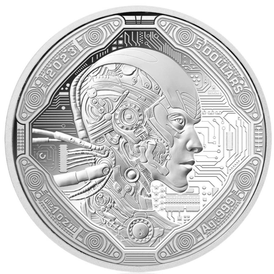 yɔi/iۏ؏tz AeB[NRC _RC [] AITC{[OlHm\1IXVo[RC$ 5TA2023 AI CYBORG Artificial Intelligence 1 Oz Silver Coin $5 Samoa 2023
