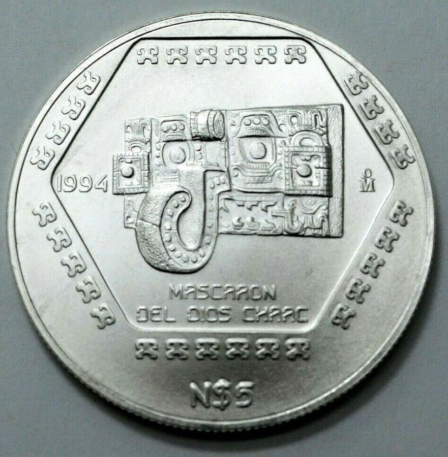  アンティークコイン モダンコイン  1994メキシコ5ヌエボスペソス1オンスシルバーマスカロンデルディオスチャックシルバーコインレア 1994 Mexico 5 Nuevos Pesos 1 Oz Silver MASCARON DEL DIOS CHAAC SILVER Coin Rare