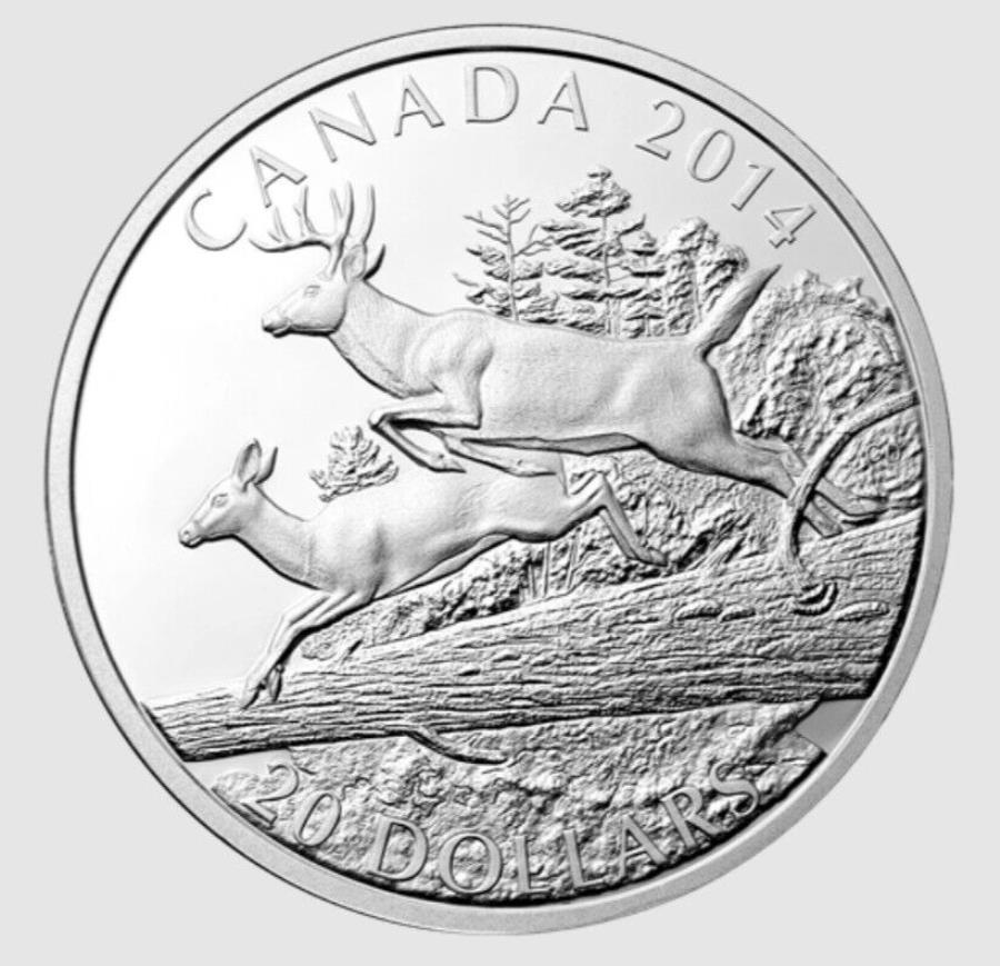 【極美品/品質保証書付】 アンティークコイン モダンコイン 送料無料 カナダの白い尾鹿の仲間1オンス.9999シルバーコイン2014 Canadian White Tailed Deer MATES 1 oz .9999 silver coin 2014