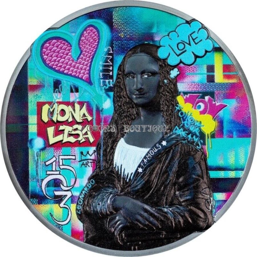  アンティークコイン モダンコイン  モナリサグラフィティアート3オンスブラックプルーフシルバーコインパラオ2023 Mona Lisa Graffiti Art 3 oz black proof silver coin Palau 2023