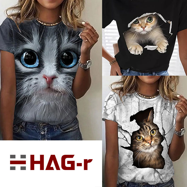 猫ちゃん Tシャツ 猫 3D びっくり パーティー プレゼント リラックスウェア カジュアル ネコ グラフィックTシャツ ネコ好き アップ 飛び出る クール ポリエステル 立体的な 猫フェイス 丸首 クルーネック 半袖 猫愛好家
