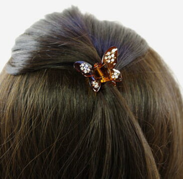 ミニ バンス クリップ 蝶 バタフライ お花模様ラインストーン付き 〔ヘアクリップ パンス 小 蝶々フラワー石 キラキラかわいい 髪どめ ヘアアクセサリー 黒べっこう色〕