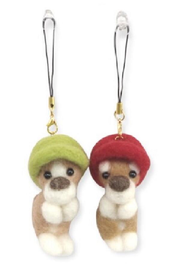【完成品/1点もの】ハンドメイド 日本製羊毛フェルト キャップ キャスケット 帽子 犬 柴犬 コーギー ストラップ キーホルダー プレゼント