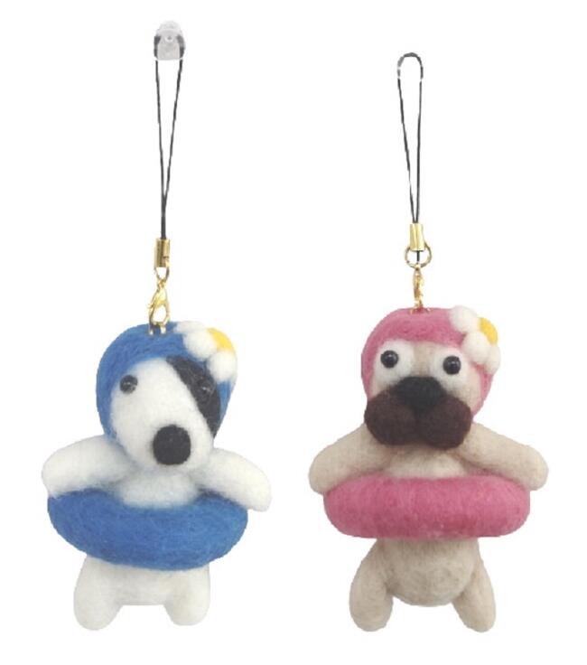 【完成品/1点もの】ハンドメイド 日本製羊毛フェルト 浮き輪 プール 海水浴 犬スイムキャップ お花 ブルテリア パグストラップ キーホルダー プレゼント