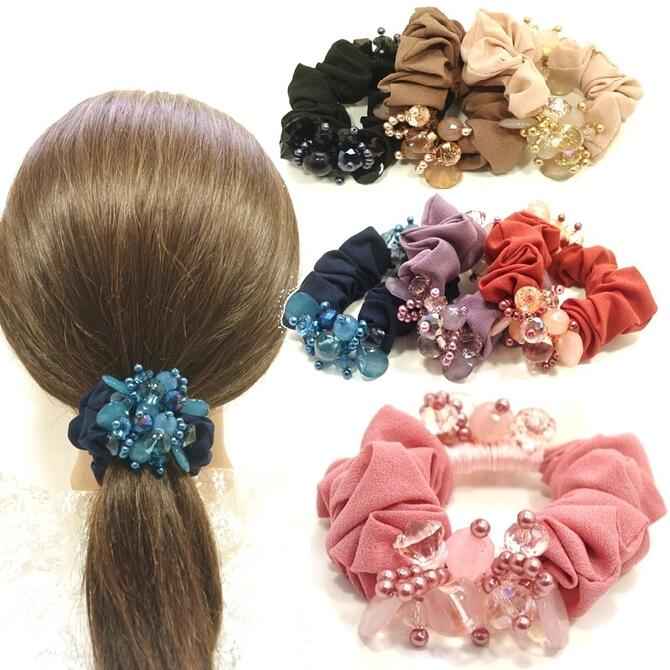 【限定品】シュシュ ジョーゼット ビーズ ジュエル チャーム付 〔ヘアゴム パール調 クリア キラキラ ..