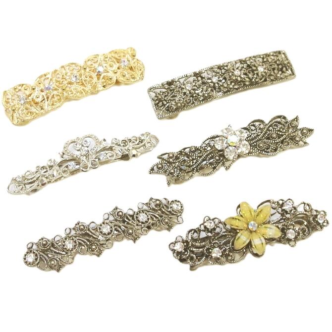 乐天商城 - 【限定品】バレッタ 小さめ メタル 透かしデザイン ラインストーン付 〔ヘアクリップ 髪どめ 少なめハーフアップ 控えめキラキラ おしゃれ まとめ髪 大人 ヘアアレンジ ヘアアクセサリー 金属 しっかりとまる〕