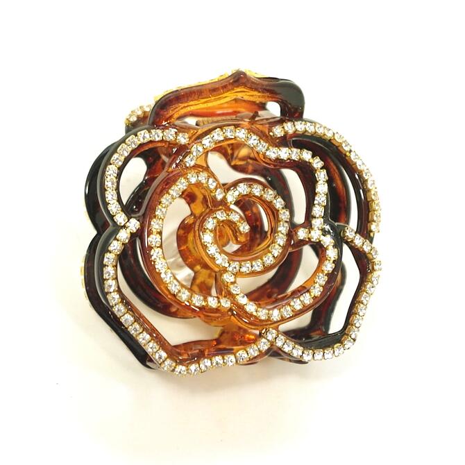 【残り1p】バンスクリップ 透かし ローズ 薔薇 ラインストーン付 〔ヘアクリップ 髪どめ たっぷりはさめる中サイズ やや小さめ キラキラ 華やか ゴージャス ...