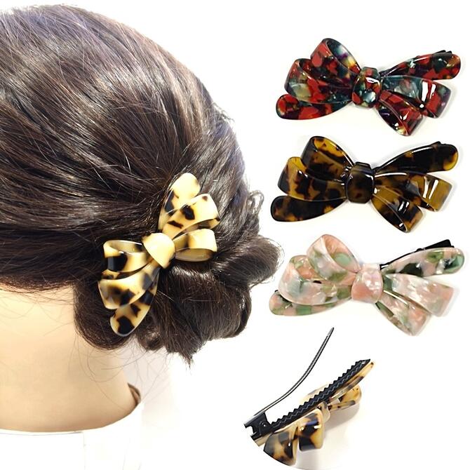 ヘアクリップ 3連リボン アセテート マーブル ミックスカラー 〔くちばし ワニクリップ ダッカール ヘ..
