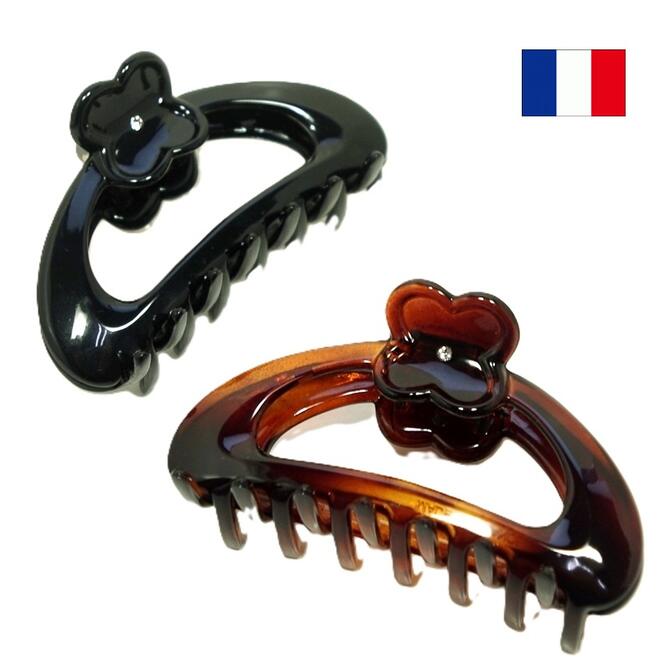 フランス製 バンスクリップ 透かしオーバル フラワートップ ラインストーン付き 〔ヘアクリップ フランス バンス 髪どめ キラキラ スワロフスキー アセテートセルロース樹脂 アセチ バネが見えないカバー付き 大きめ中サイズ 髪留め 中抜き 透かし おしゃれ〕