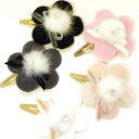 ヘアピン パッチンピン 髪どめ 大きいお花 ミンク玉&ベルベット細リボン&クリアストーン付き 〔スリーピン ぱっちんどめ しっかりとまる髪留め フェイクファー 起毛 フリース生地 本物のミンク玉 サイド 髪飾り ヘッドアクセ ヘアアクセサリー〕