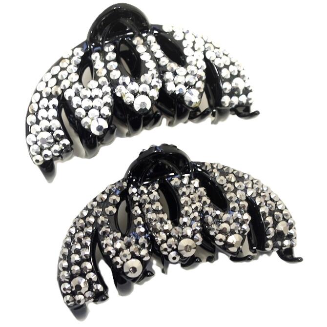バンスクリップ オーバルフープ ブラック x シルバー/ガンメタ スタッズ カットストーン 〔ヘアクリップ 大 パンス 髪どめ 髪留め フルアップ 夜会巻き ヘアアレンジ ヘアアクセサリー プチプラ〕