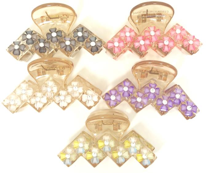 樂天商城 - バンスクリップ ジグザグ アクリル ミニフラワー ラインストーン付き 〔かわいい お花モチーフ クリアベージュ台 ヘアクリップ 髪どめ ちょっぴりキラキラ 涼し気 透明感 ヘアアクセサリー 値下げ プチプラ〕