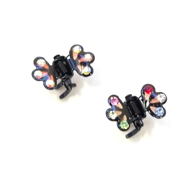 樂天商城 - 【限定 2個セット】ミニ ヘアクリップ お花 フラワー 黒xラインストーン オーロラクリア＆マルチカラー 〔小さいバンスクリップ 髪どめ キラキラ カラフル 金属 メタル ヘアアクセサリー 前髪 まとめ髪 おだんごヘア シニヨン 髪飾り ほつれ毛どめ かわいい〕