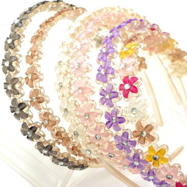 アクリル フラワー カチューシャ ストーン付き 〔クリアベージュ台 お花 ヘアアクセサリー〕