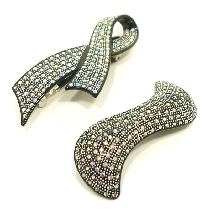 【限定品】バレッタ 滑り止めゴム付金具 大きめ ワンループリボン／甲丸S字ウエーブ ラインストーン＆..