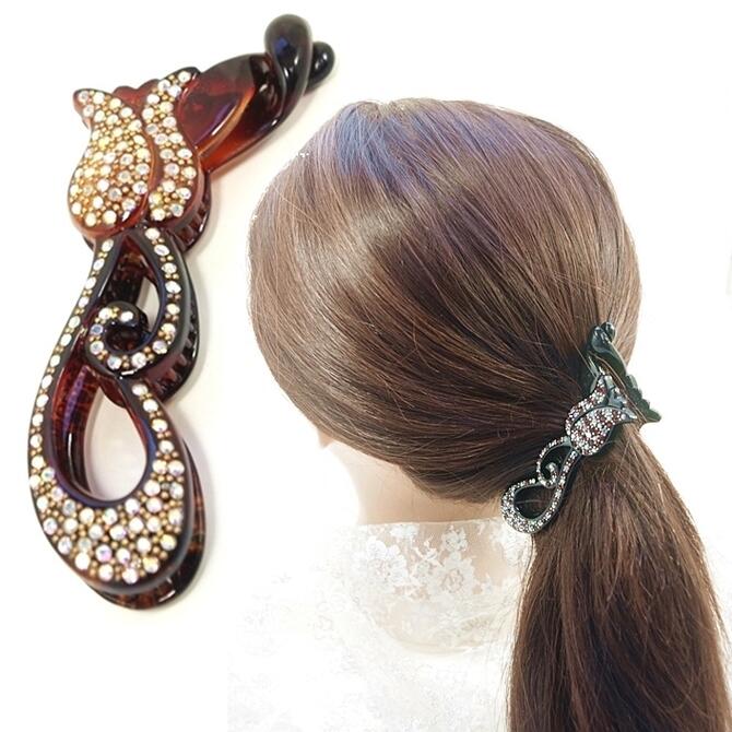 樂天商城 - バナナクリップ チューリップ 豪華 ラインストーン＆スタッズ付 〔ヘアクリップ 髪どめ 華やか エレガント きれい パーティー イベント お出かけ まとめ髪 ヘアアクセサリー〕