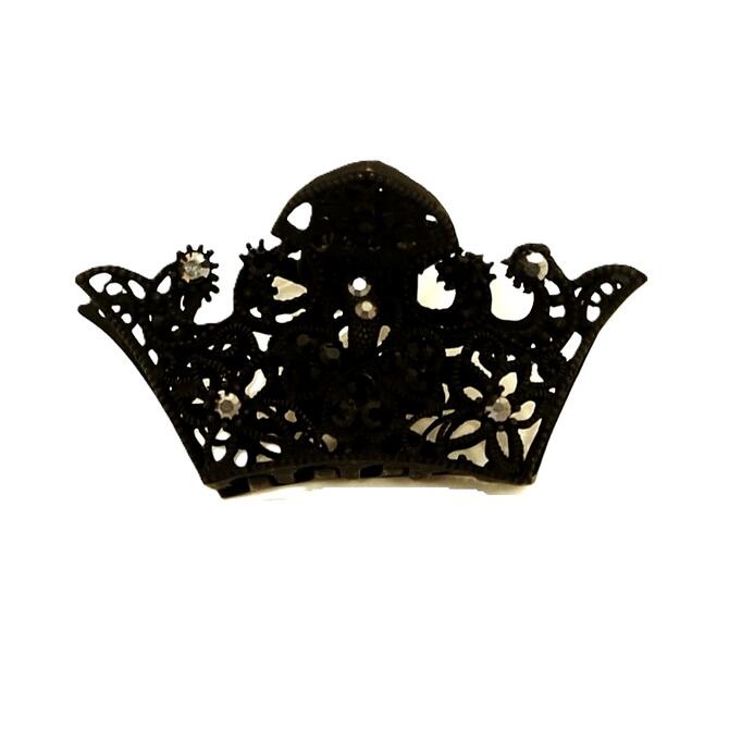 乐天商城 - 【限定品】メタル透かしバンスクリップ 王冠 カットストーン 〔小さめ ヘアクリップ マットブラック 金属 クラウン風 シック 髪どめ 強いバネ しっかりとまるエレガント 上品 かわいい ヘアアクセサリー〕