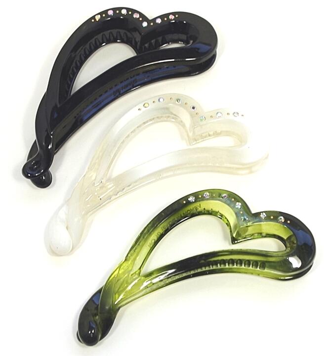 【残り1p】バナナクリップ 大きめ 透かし斜めハート ラインストーン付き 〔ヘアクリップ 髪どめ おしゃ..