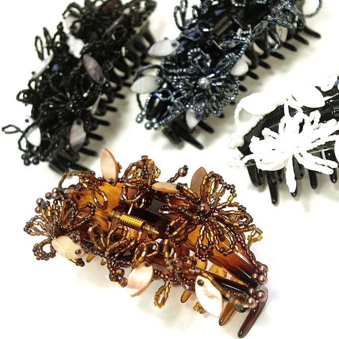 【限定品】バンスクリップ 大 ロング スリムチューブ ビーズフラワーとリーフ飾り付き 〔大きい ヘアクリップ 髪どめ キラキラ 華やか 個性的 ヘアアクセサリー ハーフアップ～フルアップ ハンドメイド〕