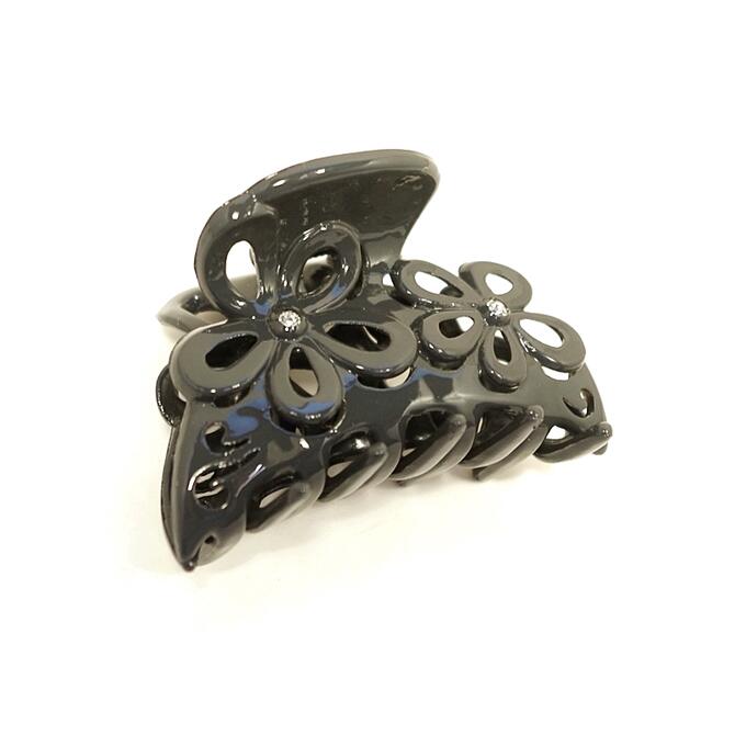乐天商城 - 【限定品】バンスクリップ 中 ツインフラワー ダークグレーxラインストーン 〔ヘアクリップ やや小さめ中サイズ ハーフアップ 髪どめ おしゃれ キラキラ 透かしお花デザイン かわいい ヘアアクセサリー〕